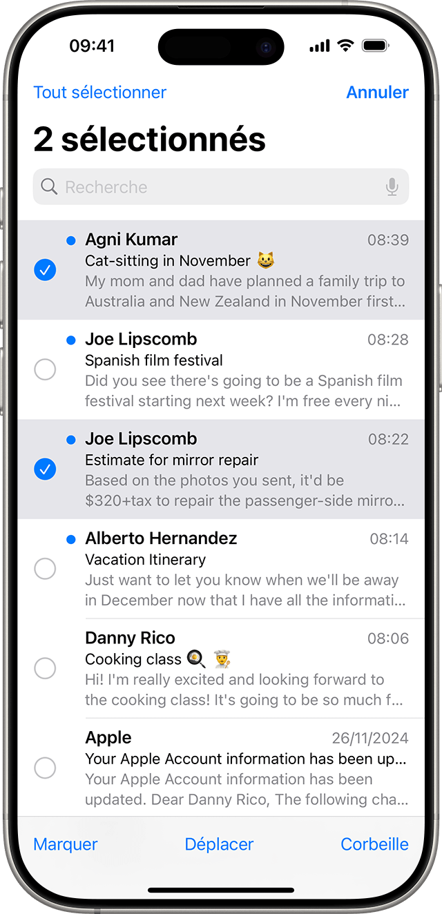 Dans Mail sous iOS, vous pouvez supprimer plusieurs e-mails à la fois.
