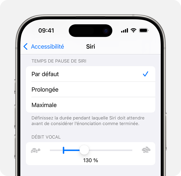 Le curseur Débit vocal réglé à 130 % dans les réglages Accessibilité