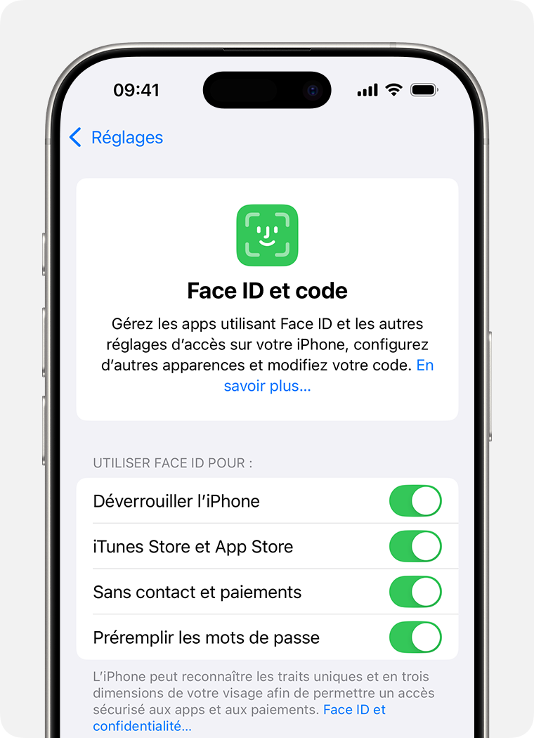 L’écran de réglages « Face ID et code » d’iOS.