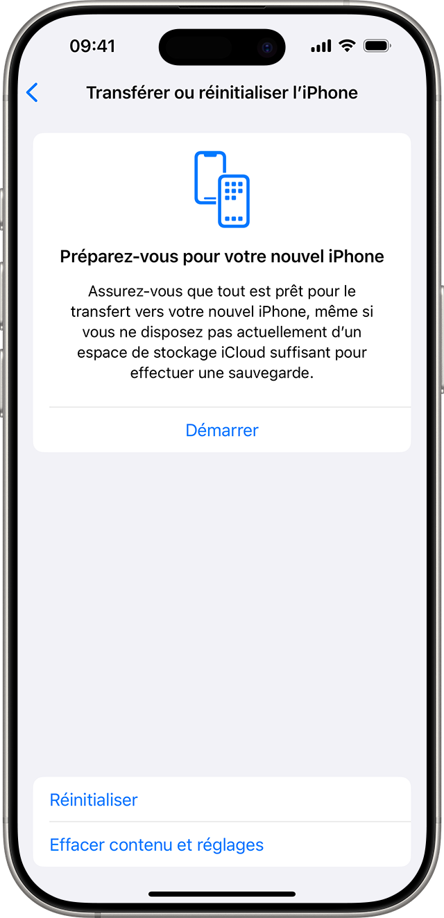 iPhone présentant les options permettant de réinitialiser ou d’effacer les contenus et réglages