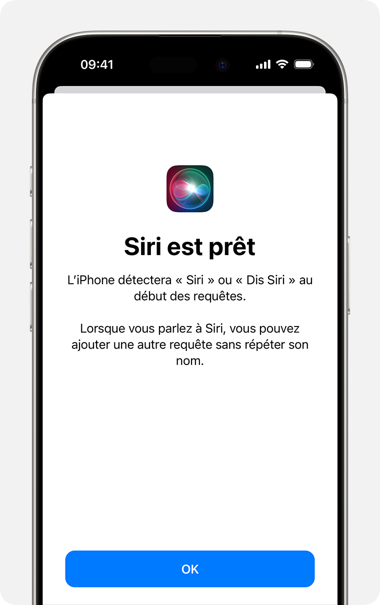 L’écran « Siri est prêt », affiché en mode sombre