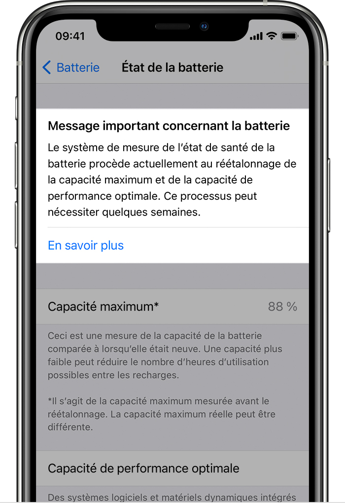 Un iPhone affichant le message important concernant la batterie pour le réétalonnage de la batterie