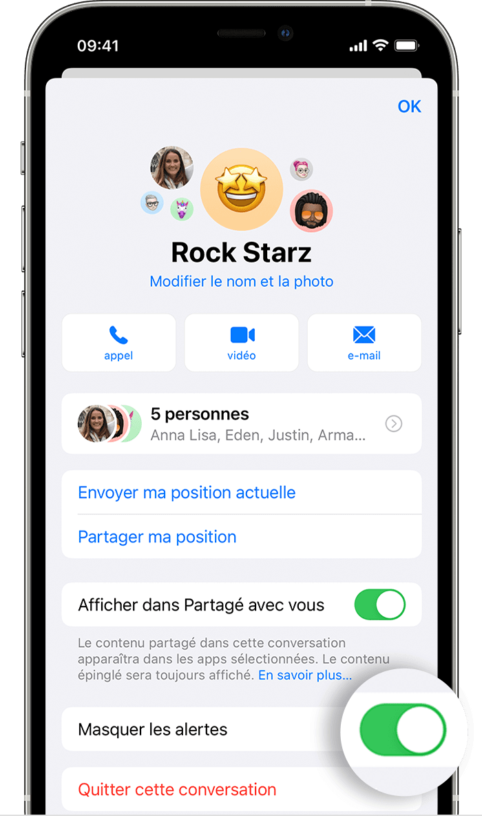 iPhone affichant un écran permettant d’activer Masquer les alertes.