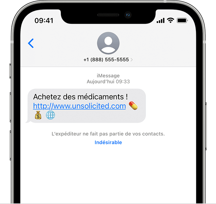 iPhone montrant l’option permettant de signaler un iMessage comme indésirable