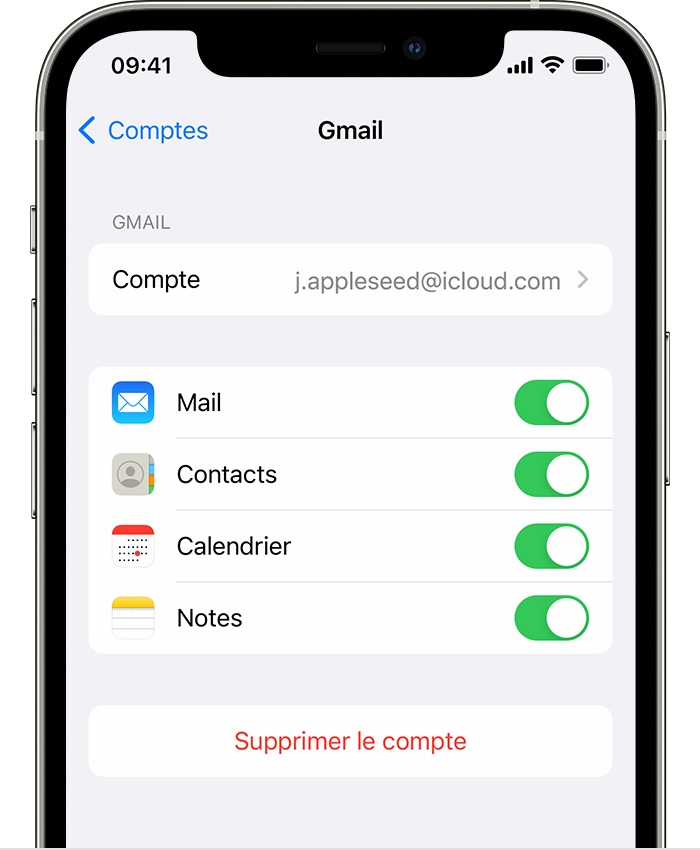 Un iPhone affichant les réglages d’un compte Gmail connecté dans Réglages > Mail > Comptes > Gmail.