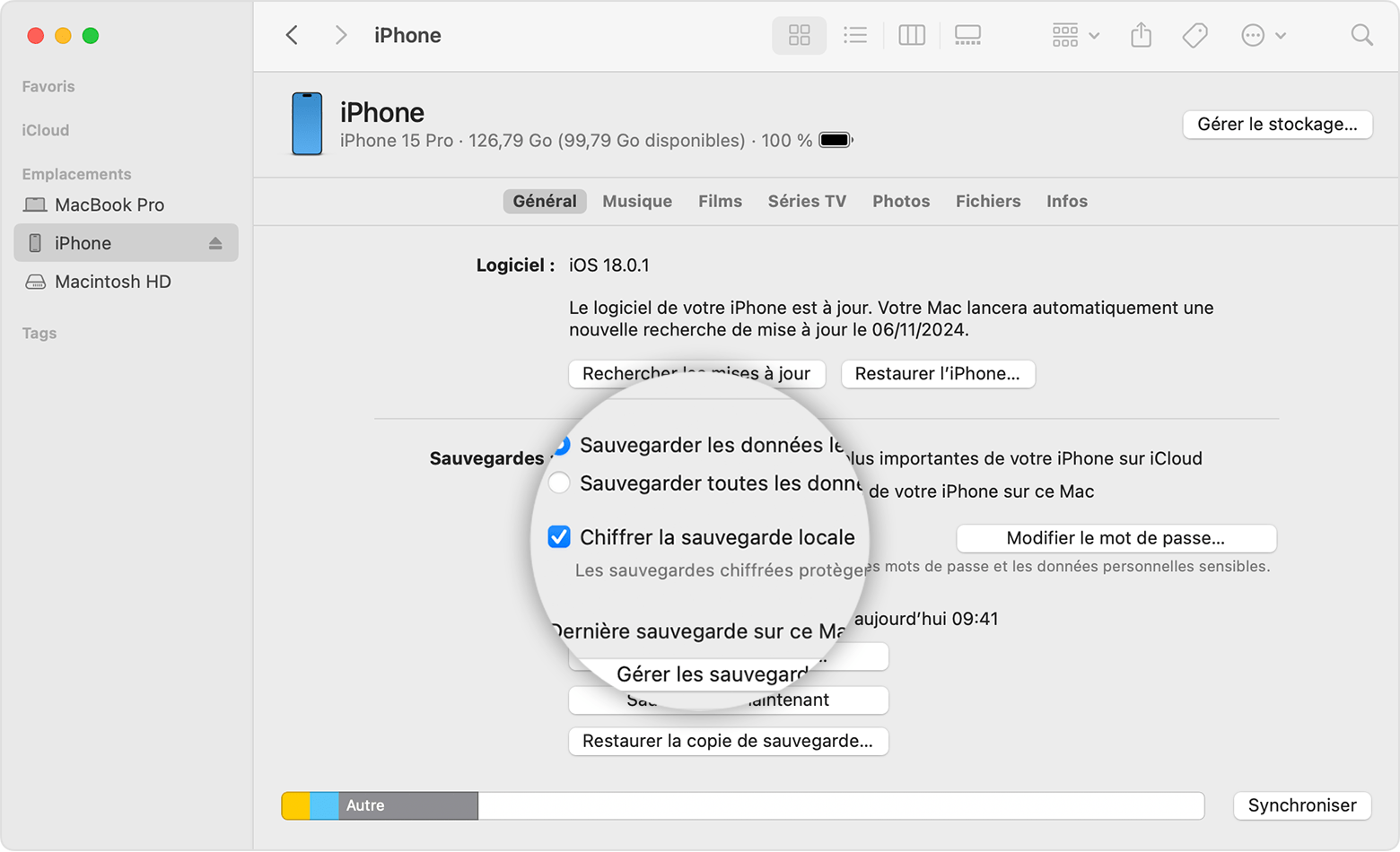 Fenêtre du Finder montrant l’option permettant de chiffrer votre sauvegarde locale