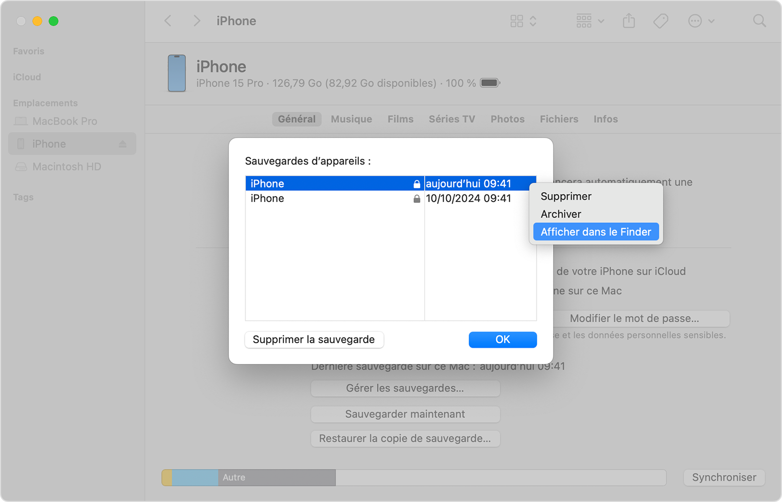 Une fenêtre du Finder avec l’option « Afficher dans le Finder » sélectionnée