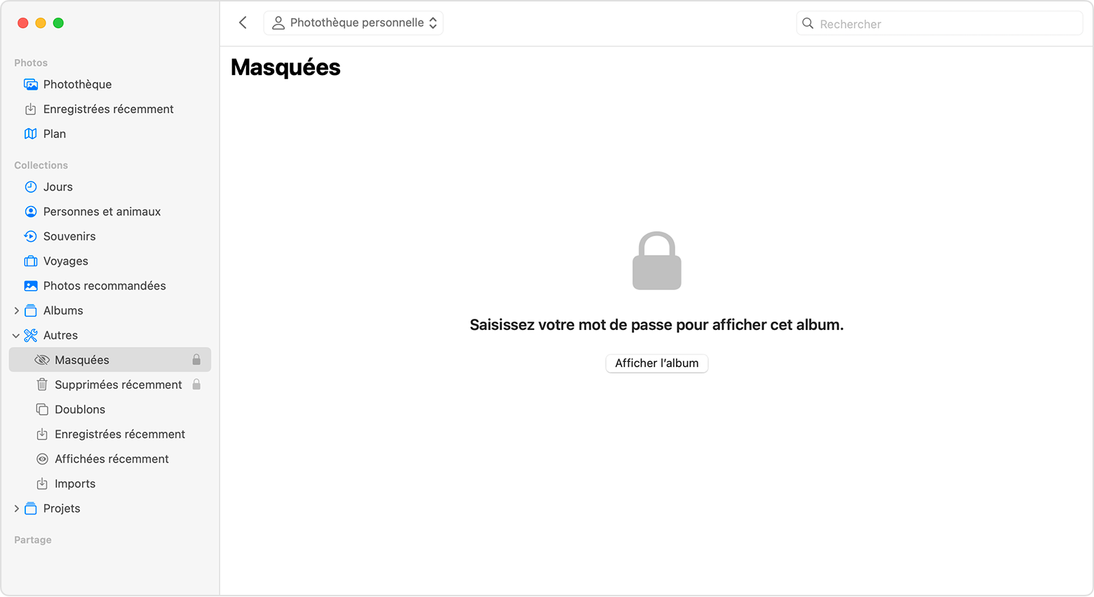 Album Masquées mis en évidence dans l’app Photos sous macOS.