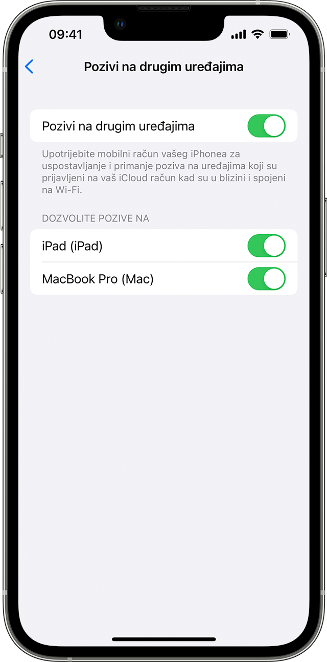 iPhone s prikazom zaslona Pozivi na drugim uređajima. Uključena je opcija Dozvoli pozive na drugim uređajima i dopušteni su pozivi na Johnovim uređajima iPad i MacBook Pro.