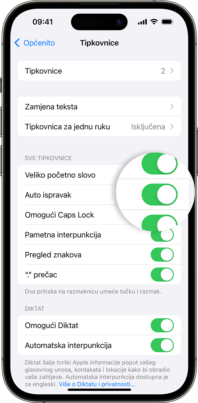 Zaslon iPhone uređaja s prikazom načina uključivanja samoispravka.