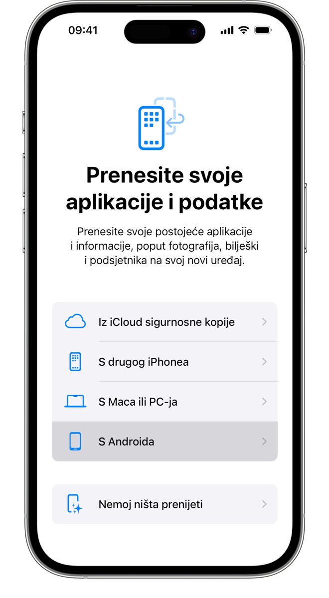 Tijekom postupka prijenosa možete odabrati koje aplikacije i informacije želite prenijeti.
