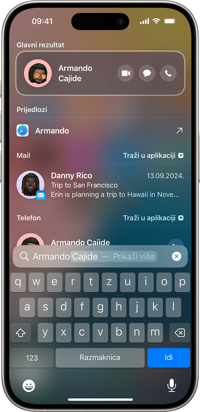 zaslon s prikazom pretraživanja na iPhone uređaju