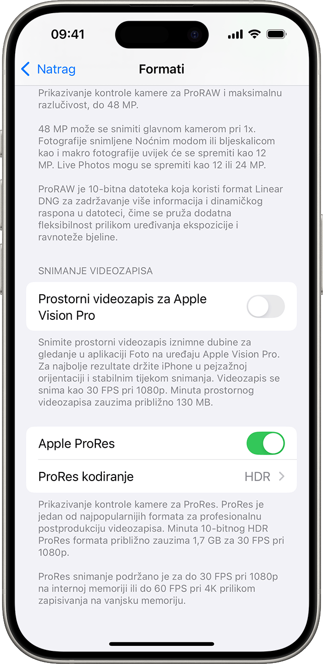 iPhone na kojem se prikazuju postavke za formate kamere