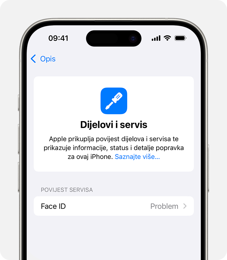 Poruka o problemu s Face ID-jem u Povijesti zamjene dijelova i servisa.