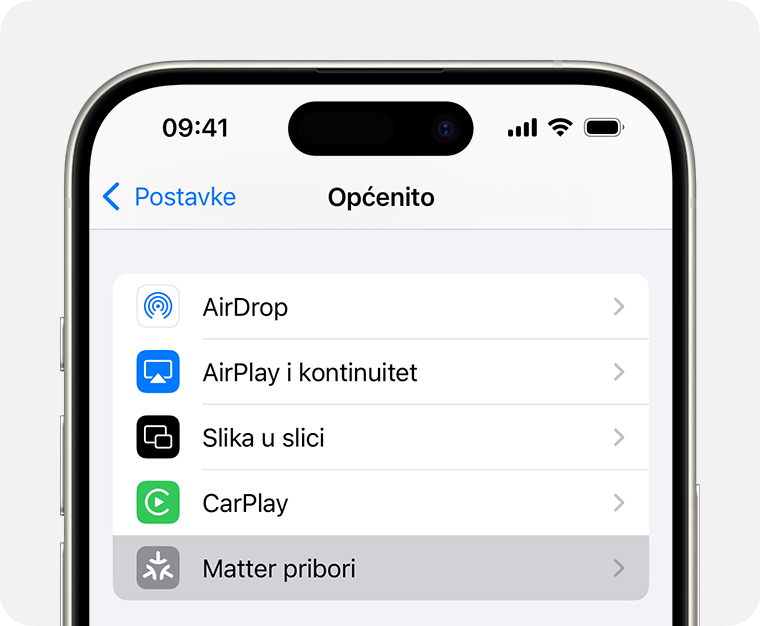 Oprema Matter u opciji Postavke > Općenito na iPhone uređaju