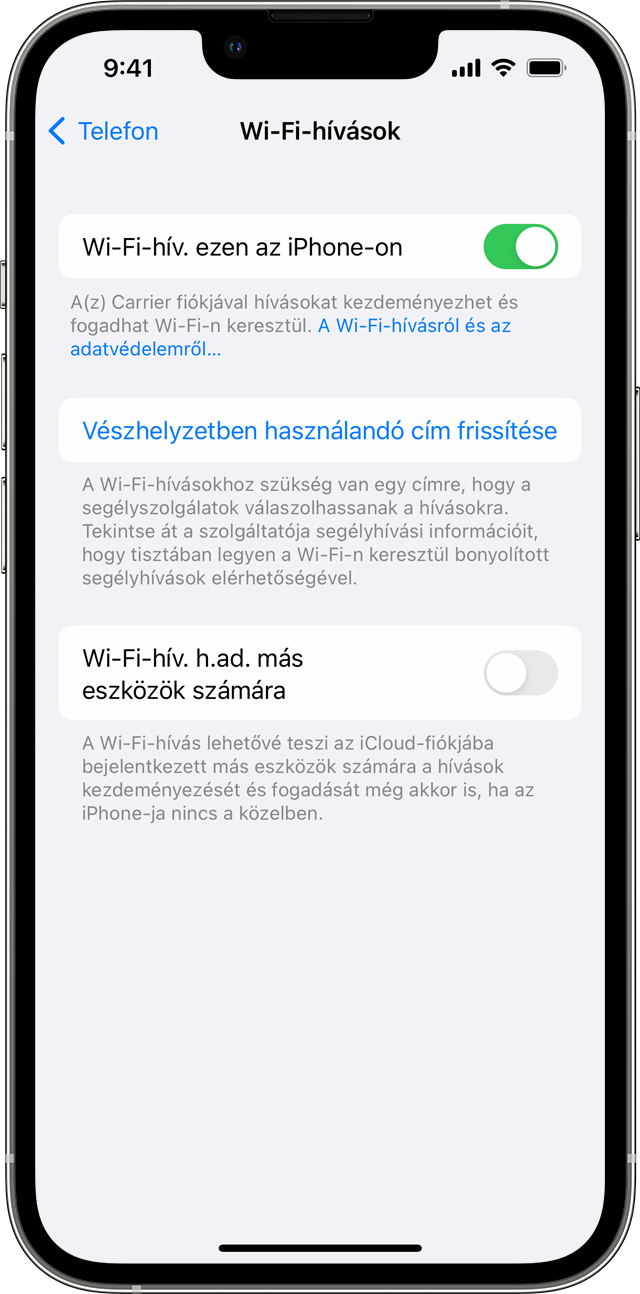 Egy iPhone, amelyen a Wi-Fi-hívások képernyő látható, a Wi-Fi-hívások ezen a telefonon funkció be van kapcsolva.