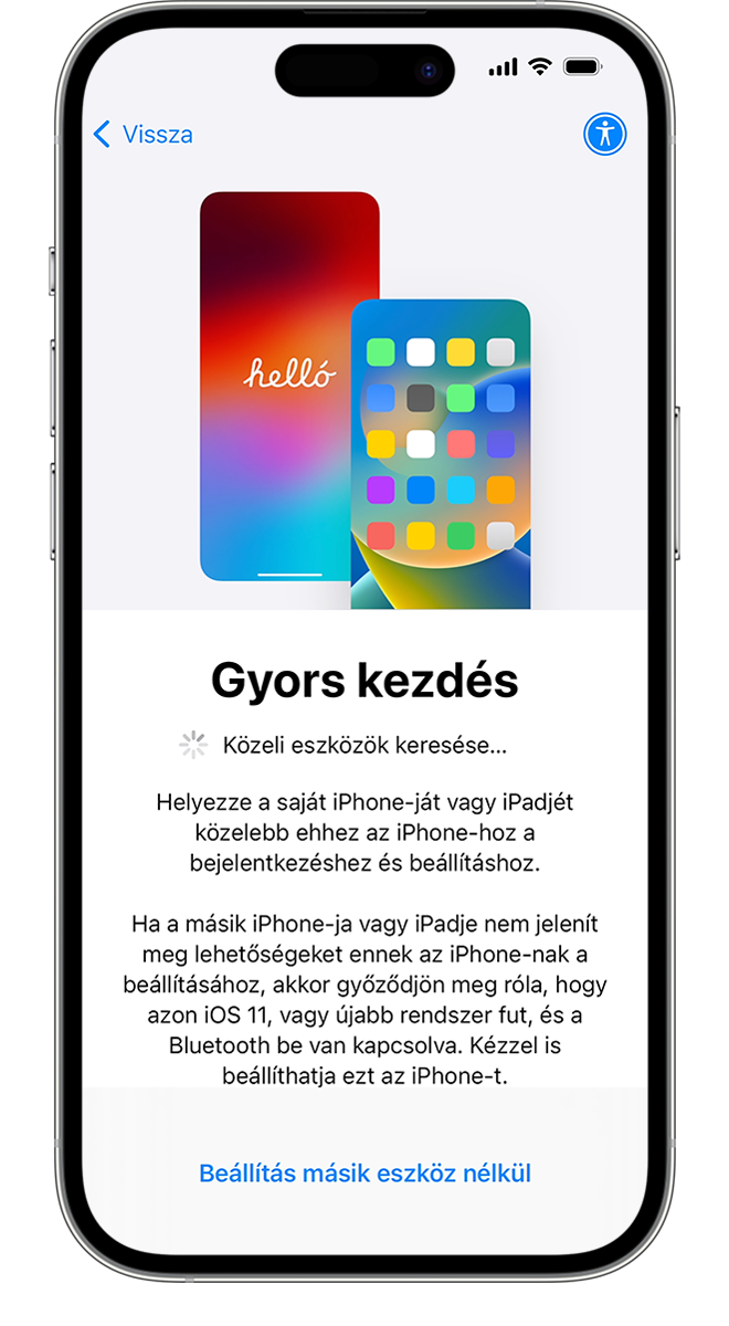 Ha a régi telefont az új iPhone közelébe helyezi, a „Váltás iOS-re” alkalmazással vezeték nélkül is átköltöztetheti az adatait.