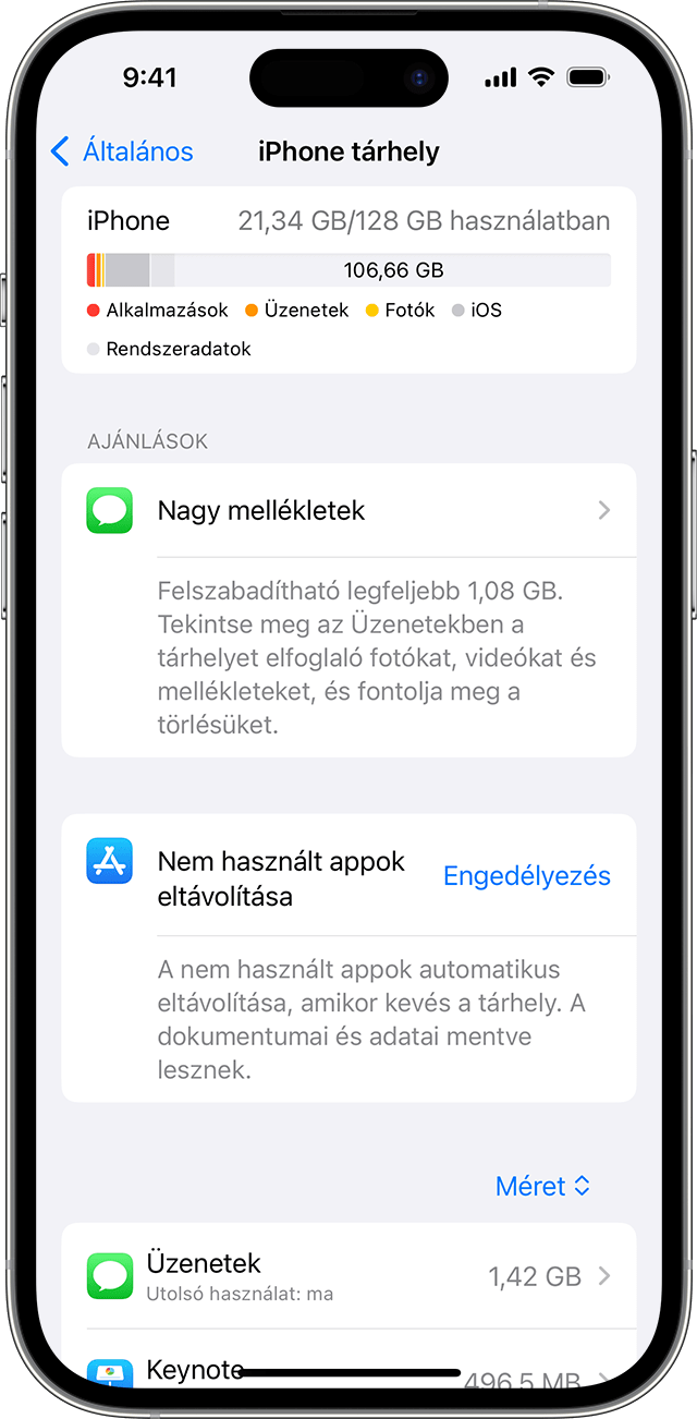 Egy iPhone képernyője, amelyen a tárhely felszabadítására vonatkozó javaslatok láthatók