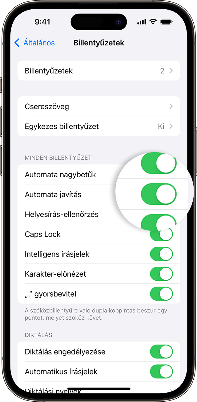 Egy iPhone képernyője, amelyen láthatja, hogyan kell kikapcsolni az Automatikus javítás funkciót.