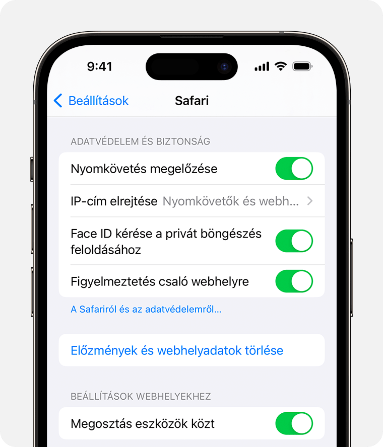 A Safari beállításaiban megkövetelheti a Face ID-t a privát böngészési ablakok feloldásához.