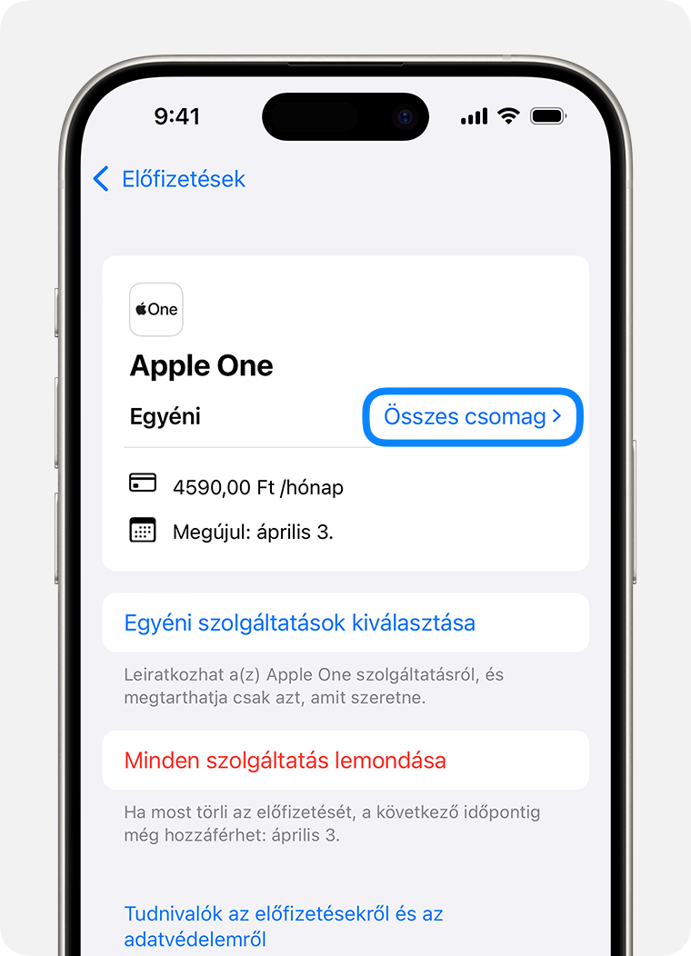 Egy iPhone 15 Prón az Előfizetések képernyő látható. Az adott előfizetéshez rendelkezésre álló csomagok megtekintéséhez koppintson az Összes csomag elemre.