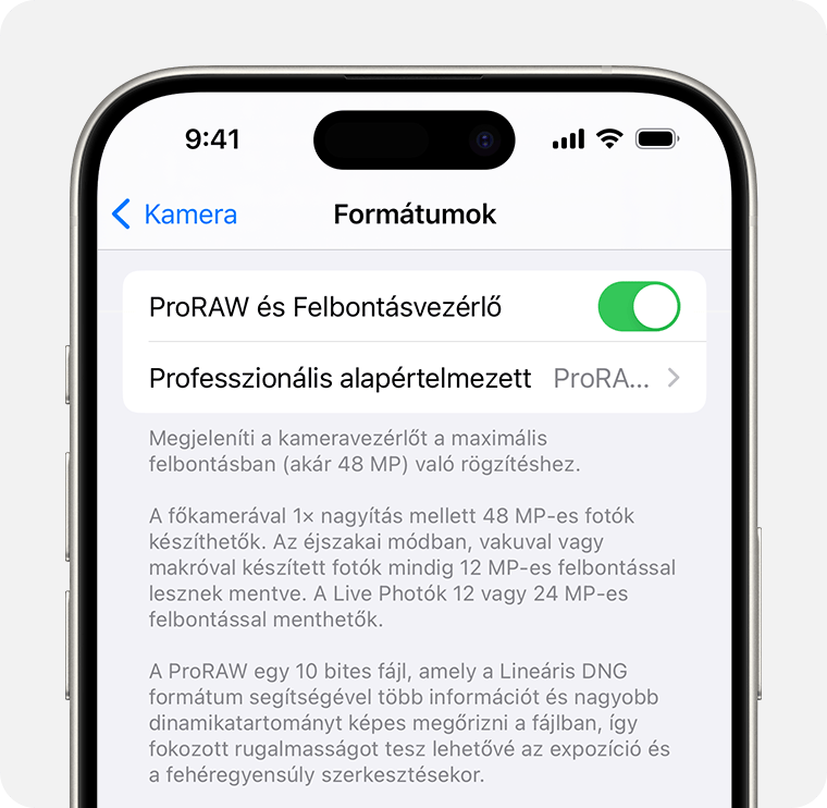 iOS 17 rendszerben a ProRAW felbontást 12 megapixelre vagy 48 megapixelre állíthatja be.