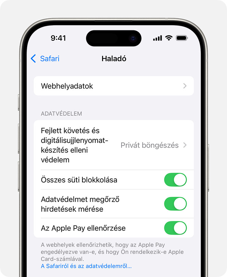 Egy iPhone, amelyen a Safari beállításai láthatók. Az Összes süti letiltása kapcsoló be van kapcsolva.