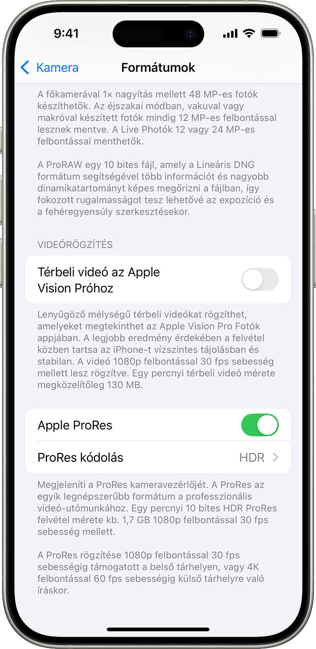 Egy iPhone, amelyen a Kamera Formátumok beállításai láthatók