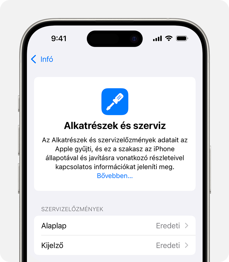 Az Alkatrészek és szervizelőzmények képernyő, amelyen két üzenet látható eredeti Apple-alkatrészekről