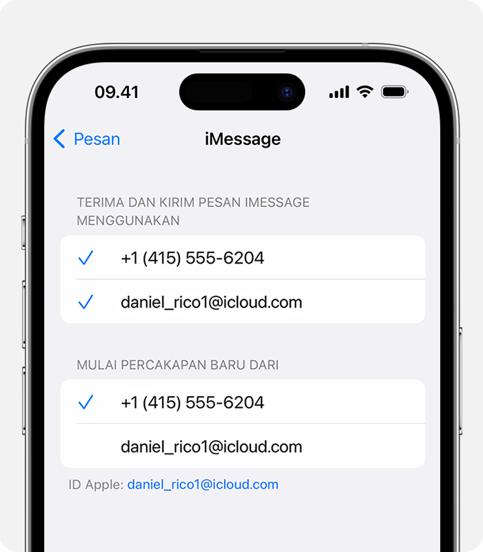 Di Pengaturan > Pesan > Kirim & Terima, Anda dapat memilih untuk menggunakan nomor telepon atau alamat email untuk percakapan baru.