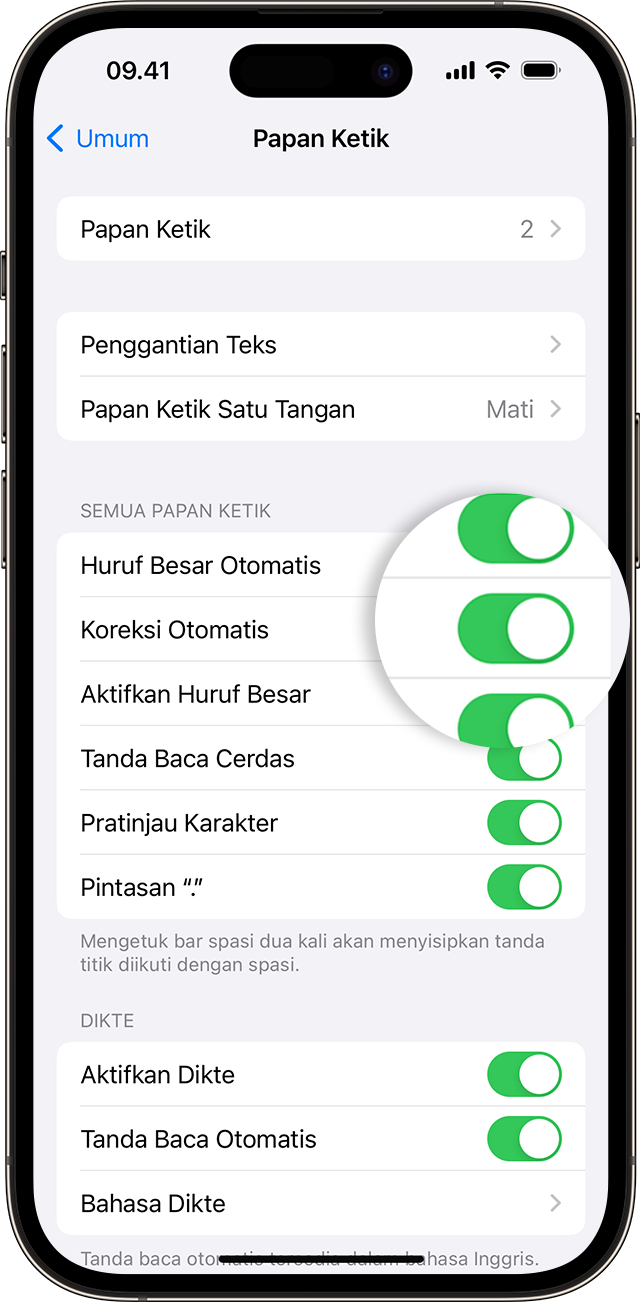 Layar iPhone menampilkan cara menyalakan Koreksi Otomatis.