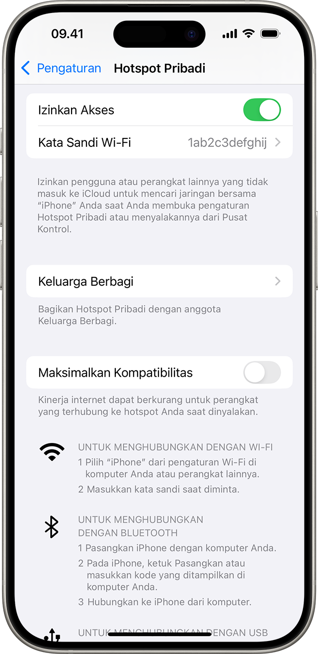 Layar iPhone menampilkan pengaturan Hotspot Pribadi