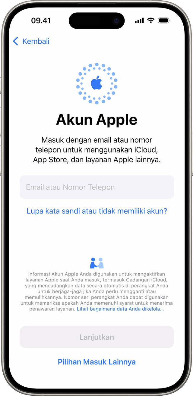 Gunakan alamat email atau nomor ponsel Anda untuk masuk dengan Akun Apple selama proses pengaturan iPhone di iOS 18.