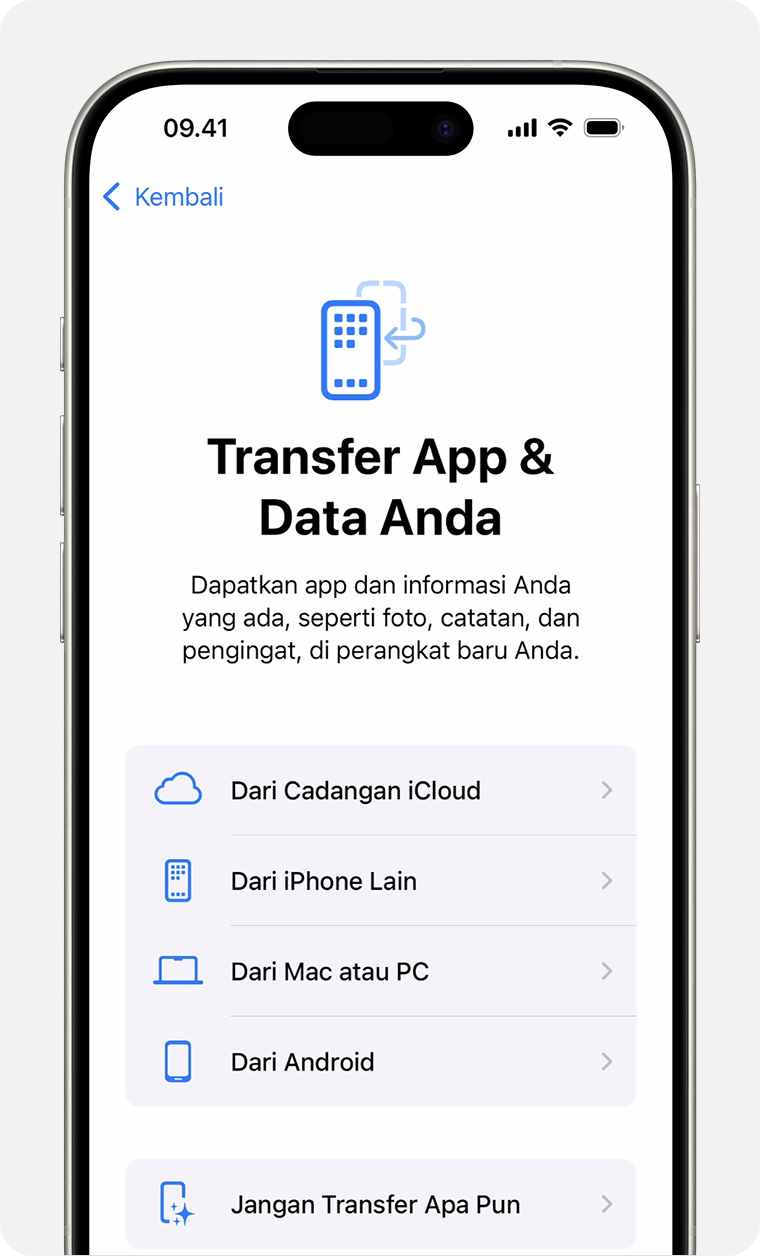 iPhone menampilkan pilihan untuk mentransfer app dan data Anda