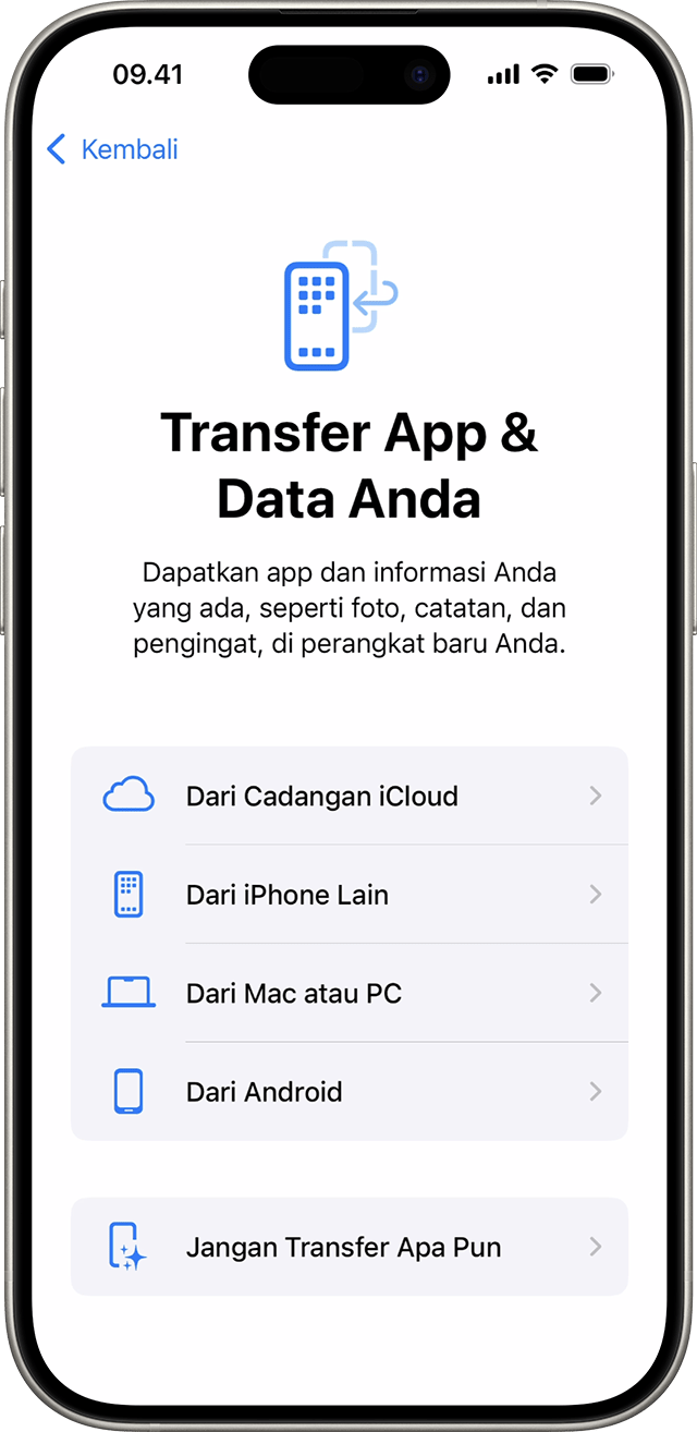 Pilihan Transfer App & Data Anda saat mengatur iPhone di iOS 18.