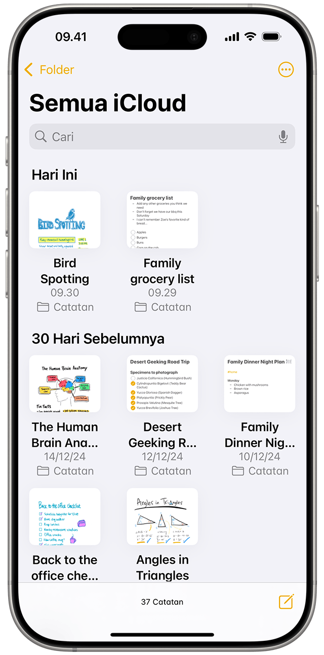 Tampilan Galeri pada Catatan di iOS 18.