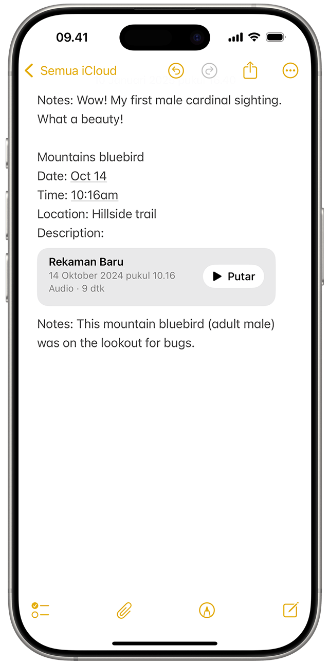 Saat merekam audio menggunakan Catatan di iOS 18, rekaman tersebut akan muncul sebagai lampiran di catatan yang terbuka.