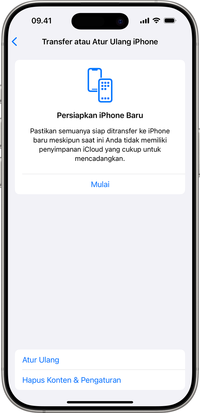 iPhone menampilkan pilihan untuk mengatur ulang atau menghapus konten dan pengaturan