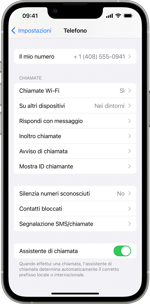 Un iPhone che mostra la schermata Telefono, con l'opzione Chiamate Wi-Fi attivata.