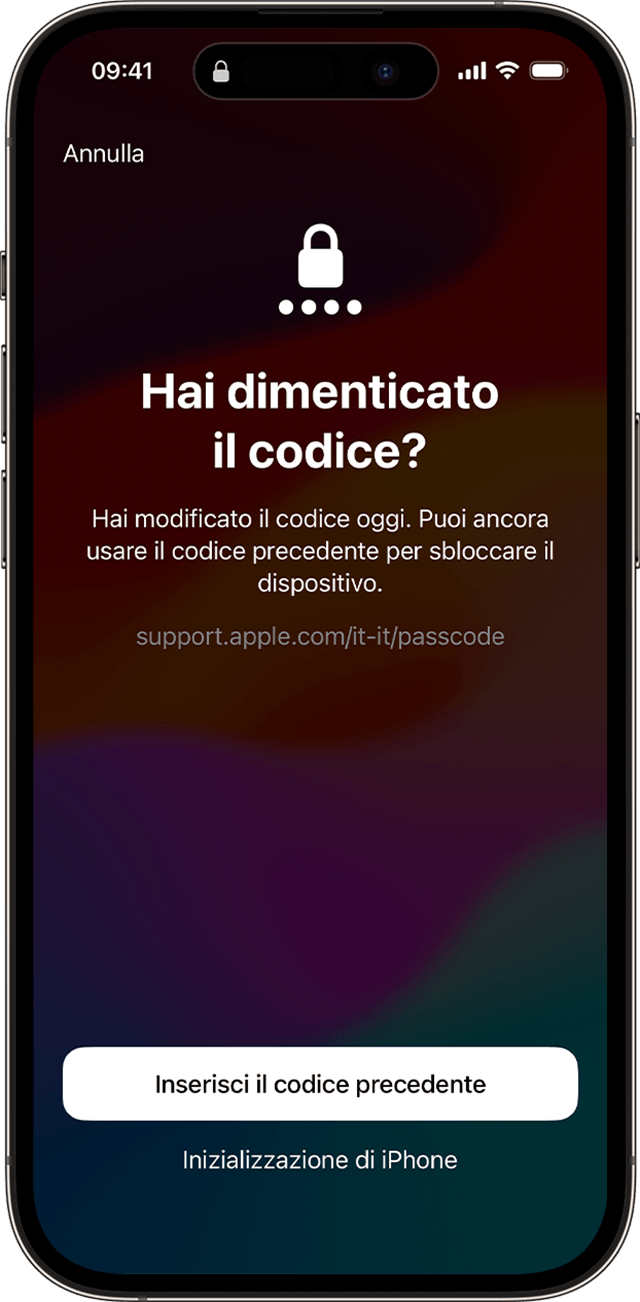 Quando modifichi il codice in iOS 17 o versioni successive, puoi temporaneamente usare il codice precedente per sbloccare il dispositivo.