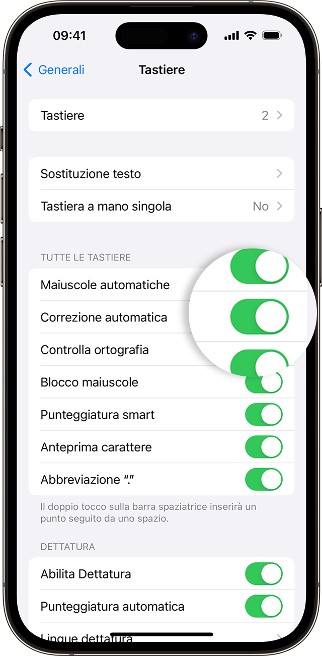 Schermata di iPhone che mostra come attivare la correzione automatica.