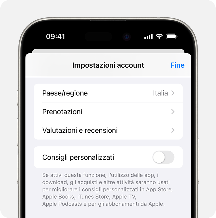 Prenotazioni in Impostazioni account su iPhone