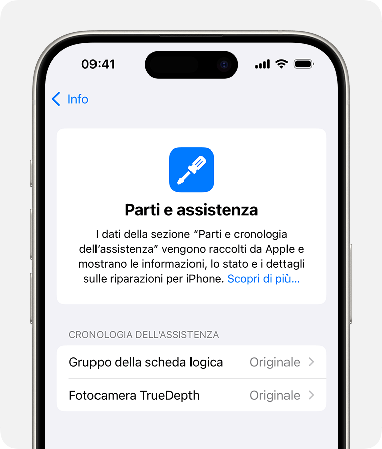 La schermata Parti e cronologia dell’assistenza che mostra 2 sostituzioni originali di parti Apple.