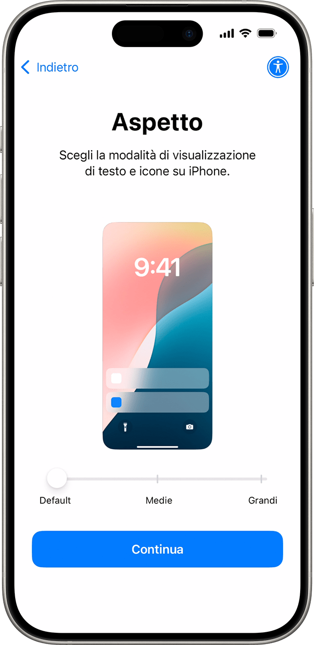 Nella procedura di configurazione dell'iPhone per iOS 18, fai scorrere un'icona per visualizzare l'anteprima, poi scegli la dimensione preferita per testo e app.