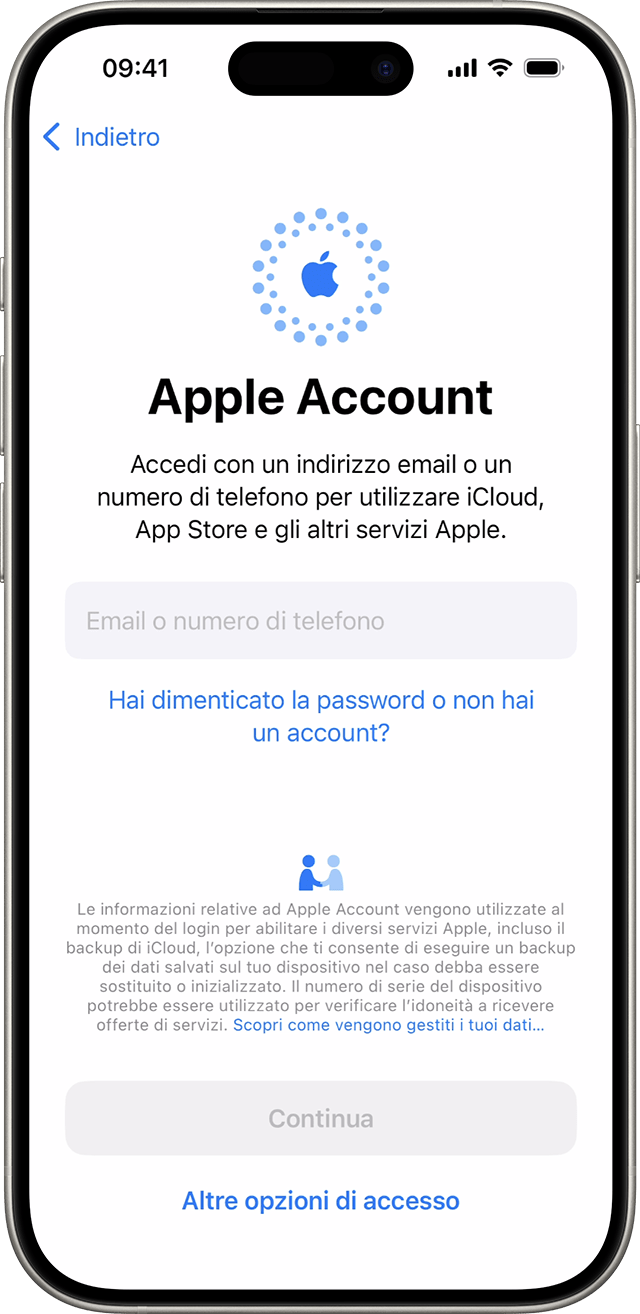 Usa il tuo indirizzo email o numero di telefono per accedere con il tuo Apple Account durante la procedura di configurazione dell'iPhone in iOS 18.