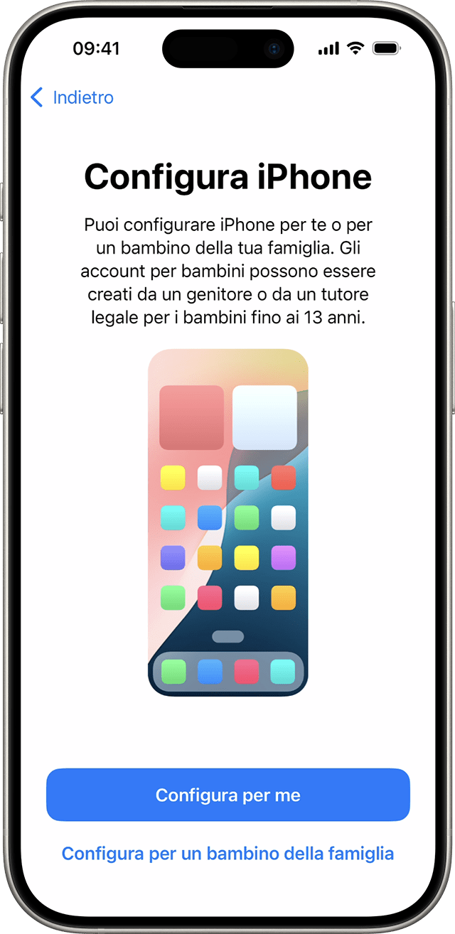 Durante la procedura di configurazione dell'iPhone in iOS 18, puoi scegliere se il nuovo telefono è per te o per un/una minore che fa parte della tua famiglia.