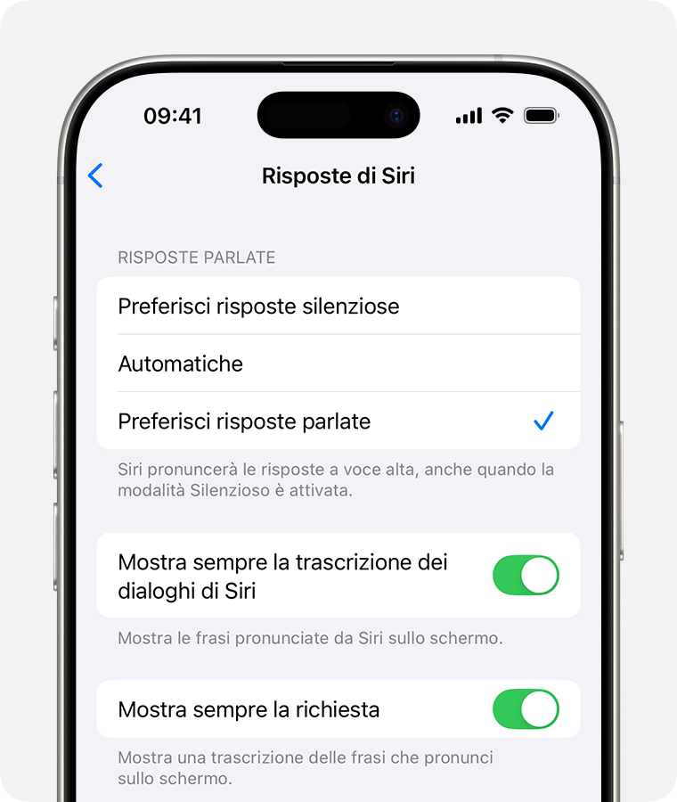 Schermata Risposte di Siri con “Preferisci risposte parlate” selezionata e l'opzione attivata per “Mostra sempre la richiesta”