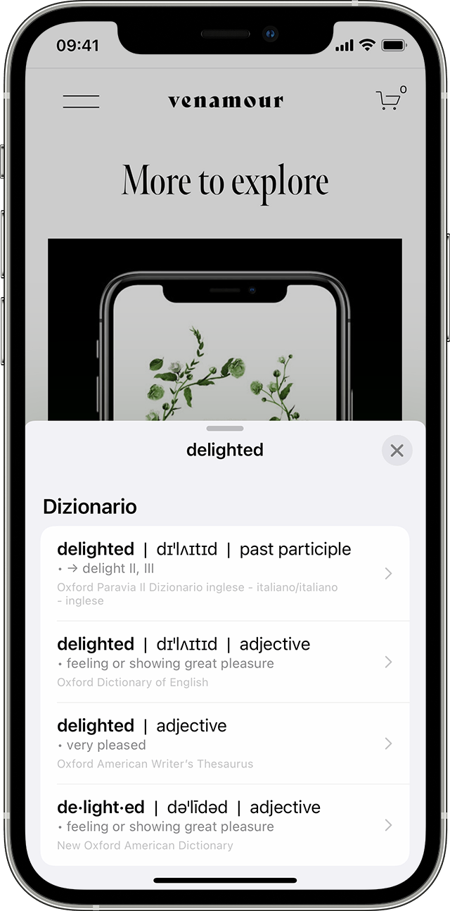 Un utente iPhone cerca la parola “delighted” in un dizionario dopo aver utilizzato il testo attivo per identificare la parola in una foto