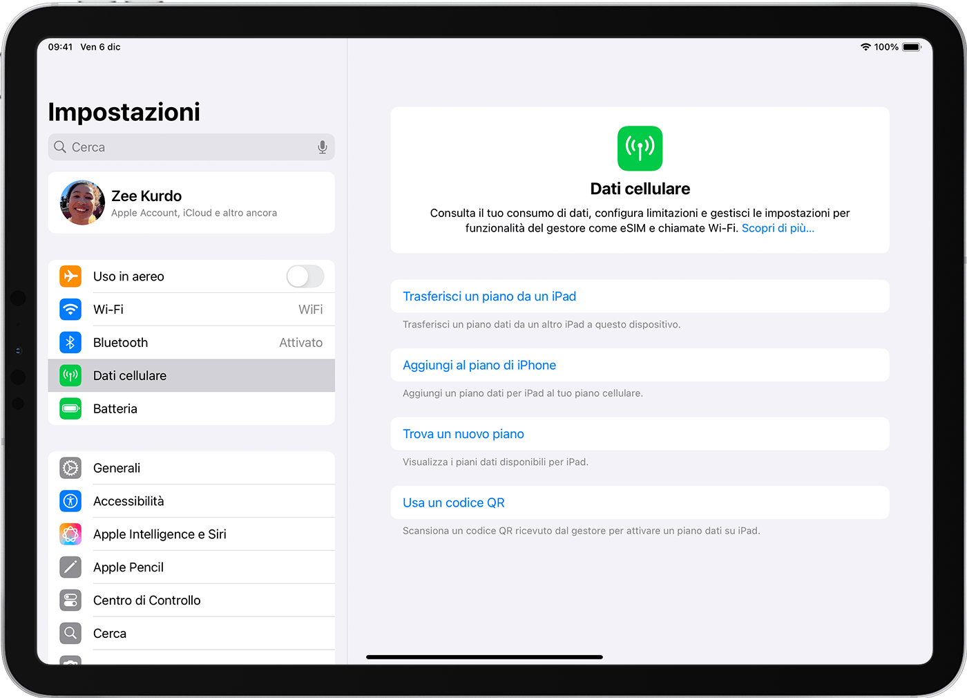 Schermata di iPad Pro che mostra le opzioni del piano dati cellulare per la configurazione dell'eSIM.