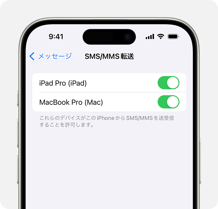 iPhoneに「テキストメッセージ転送」をオンにする方法が示されているところ